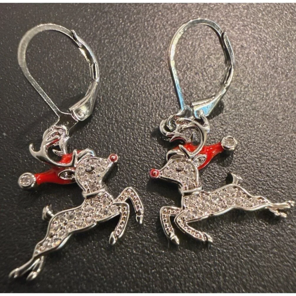 Rhinestone Reindeer Dangle Earrings Festive Leverback Holiday Jewelry